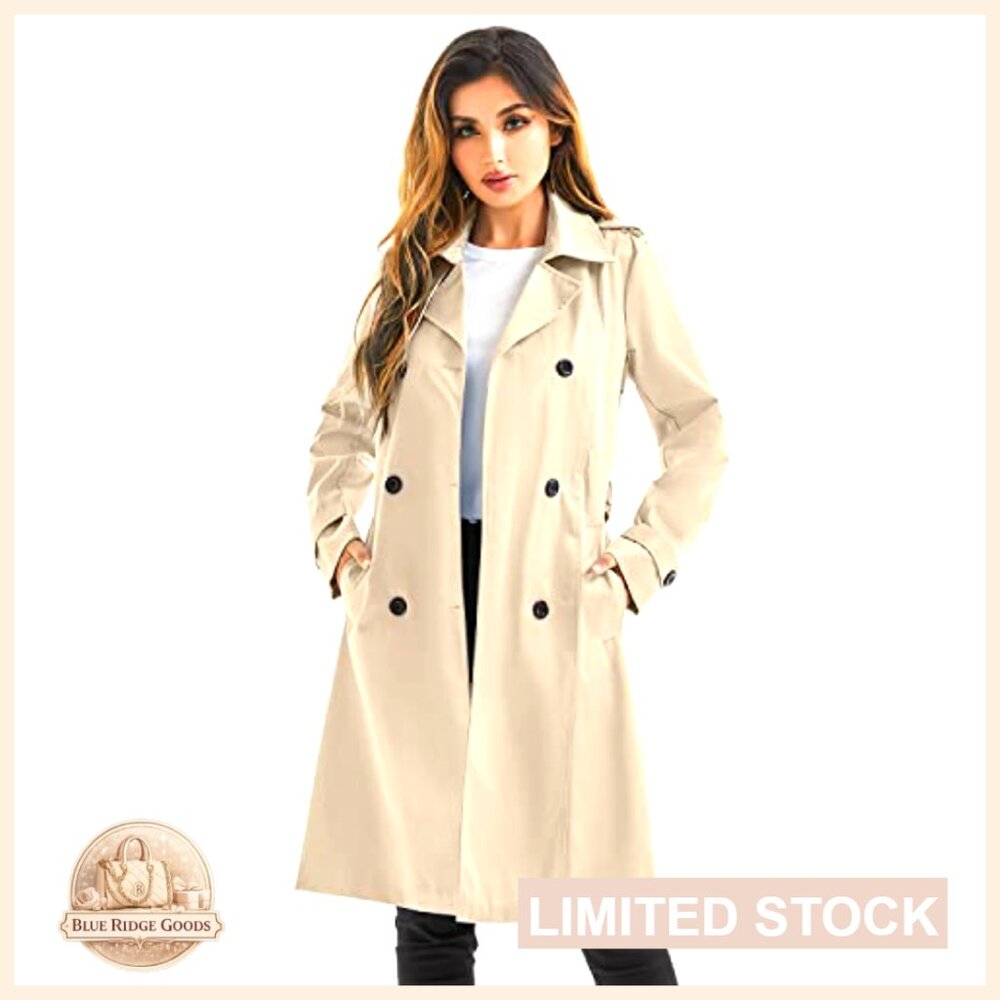 Classic Long Trench Coat Waterproof Windbreaker Double Breasted Belted - Picture 5 of 6